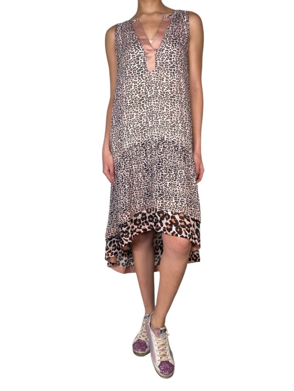 Scotch & Soda Maison Scotch Leopard Print High Low Tiered Midi Dress M